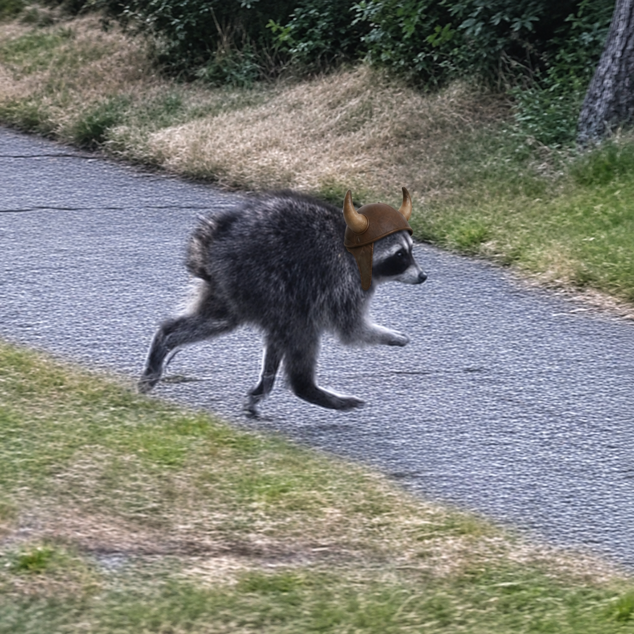 RABULL mascot: a raccoon wearing a bull-horned helmet charging down a path